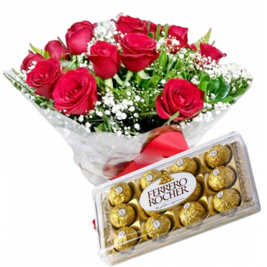 Buquê de 12 rosas + chocolate ferrero 12 unidades