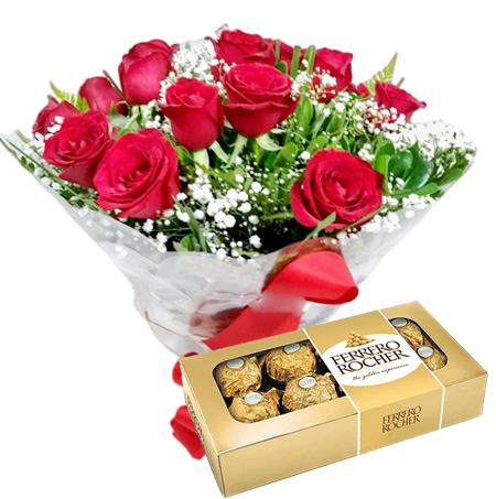 Buquê de 12 rosas vermelhas + chocolate