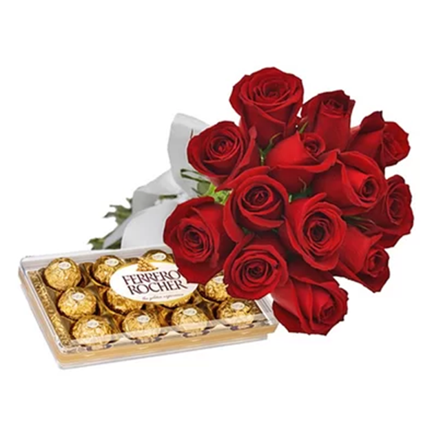 Buquê de 12 rosas + chocolate